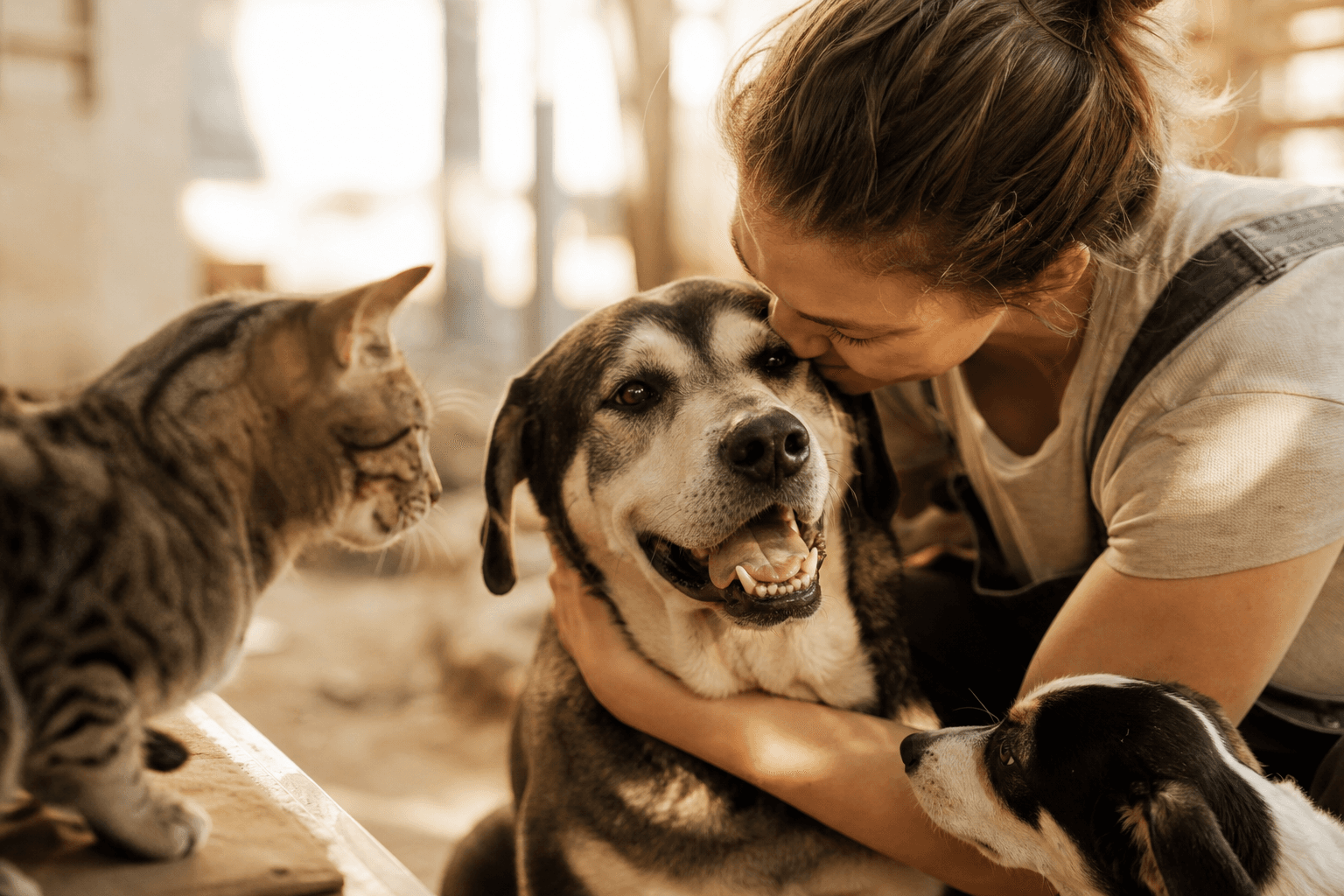 A rescue animal being held with care